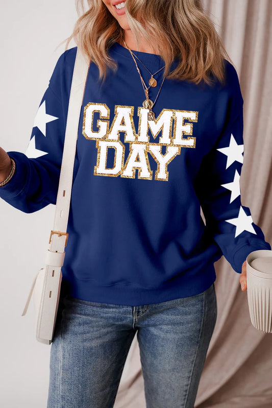 Game Day Star Glitter Graphic Sweatshirt - Women's Long Sleeve Round Neck Top