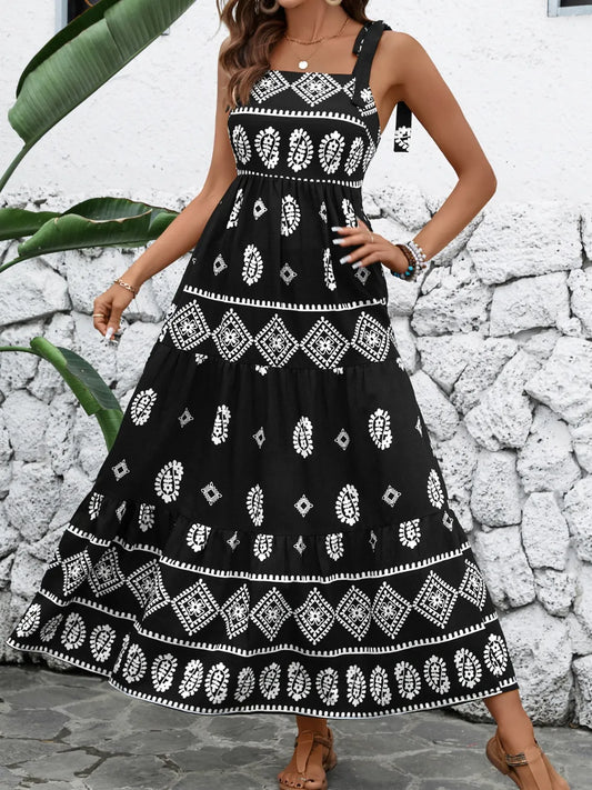 Geometric Print Square Neck Shoulder Tie Maxi Dress