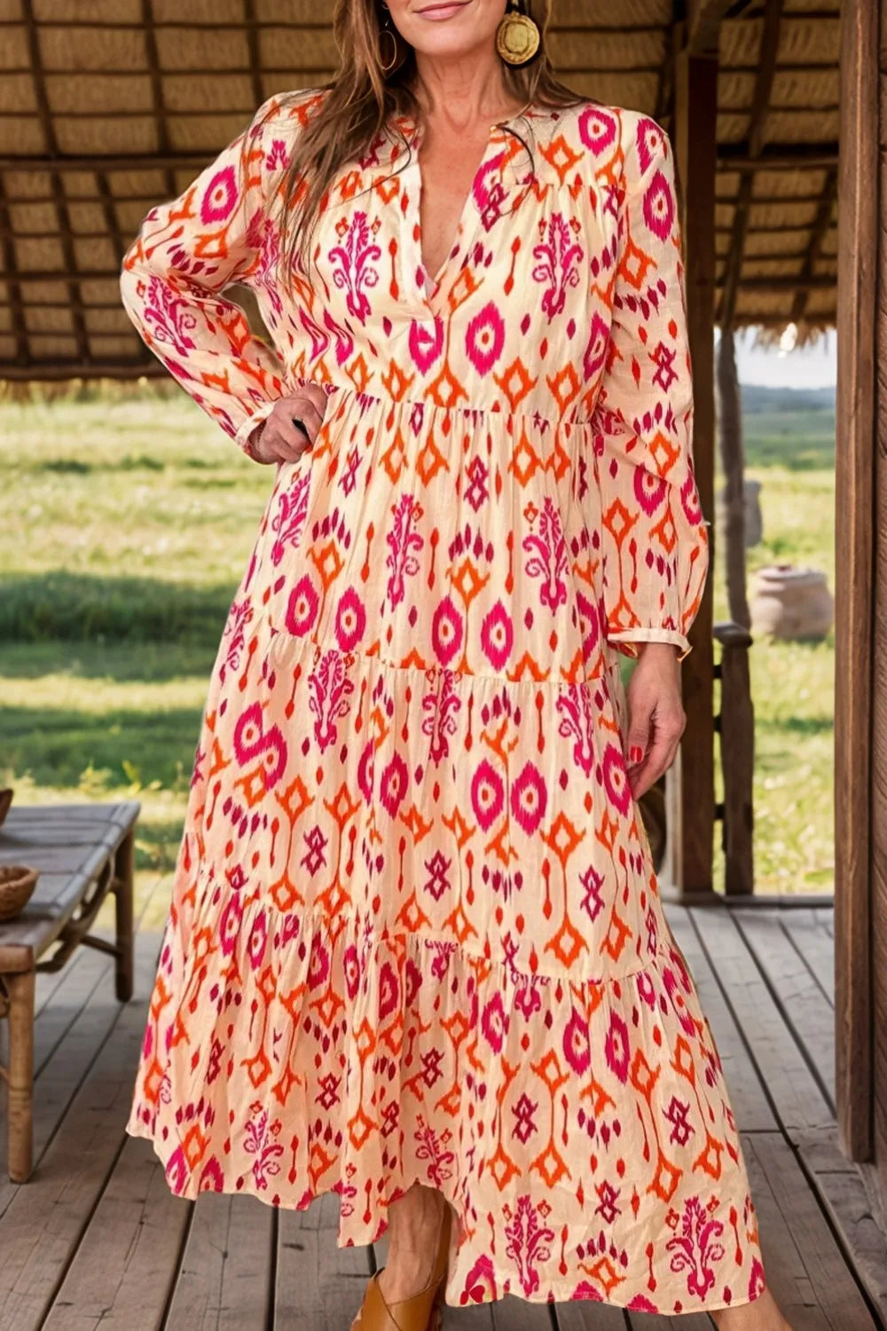 Geometric Print Tiered Midi Dress with Long Sleeves