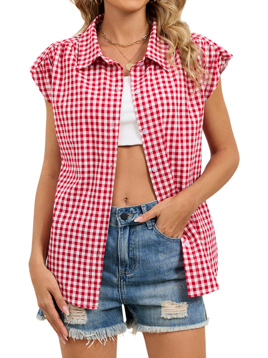 Gingham Button Up Cap Sleeve Shirt Red