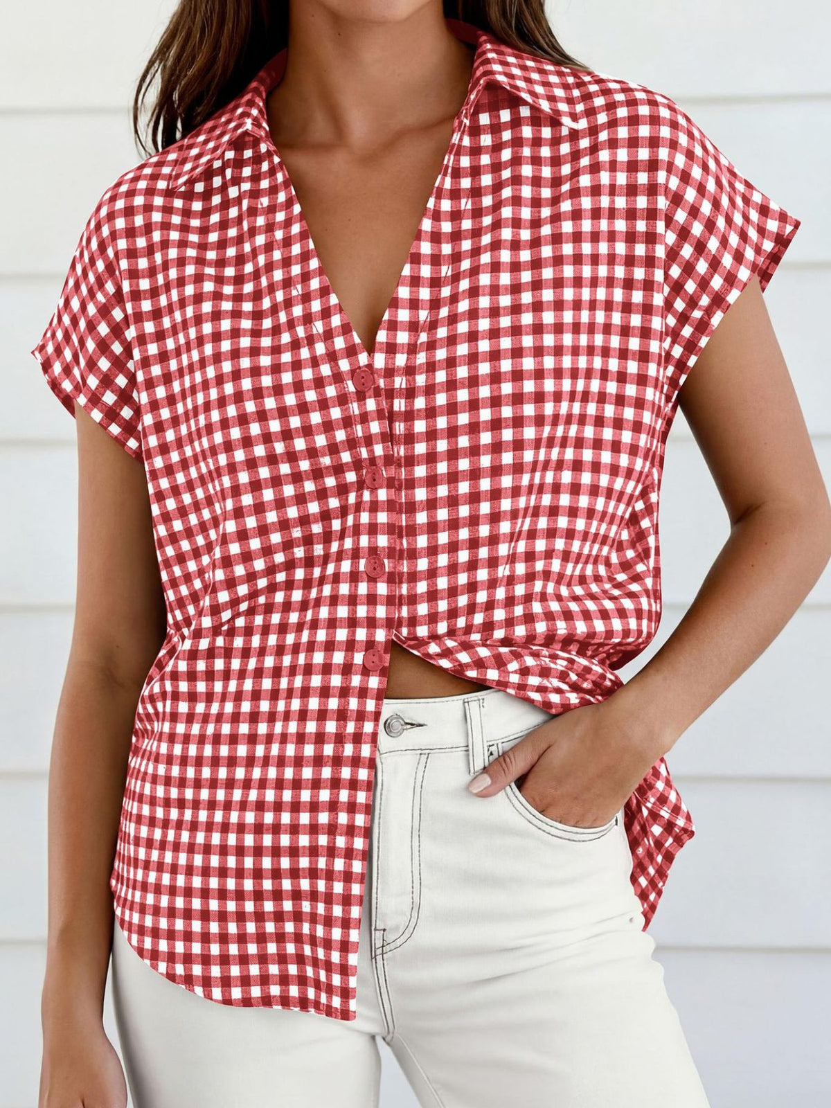 Gingham Print Button-Down Shirt Red