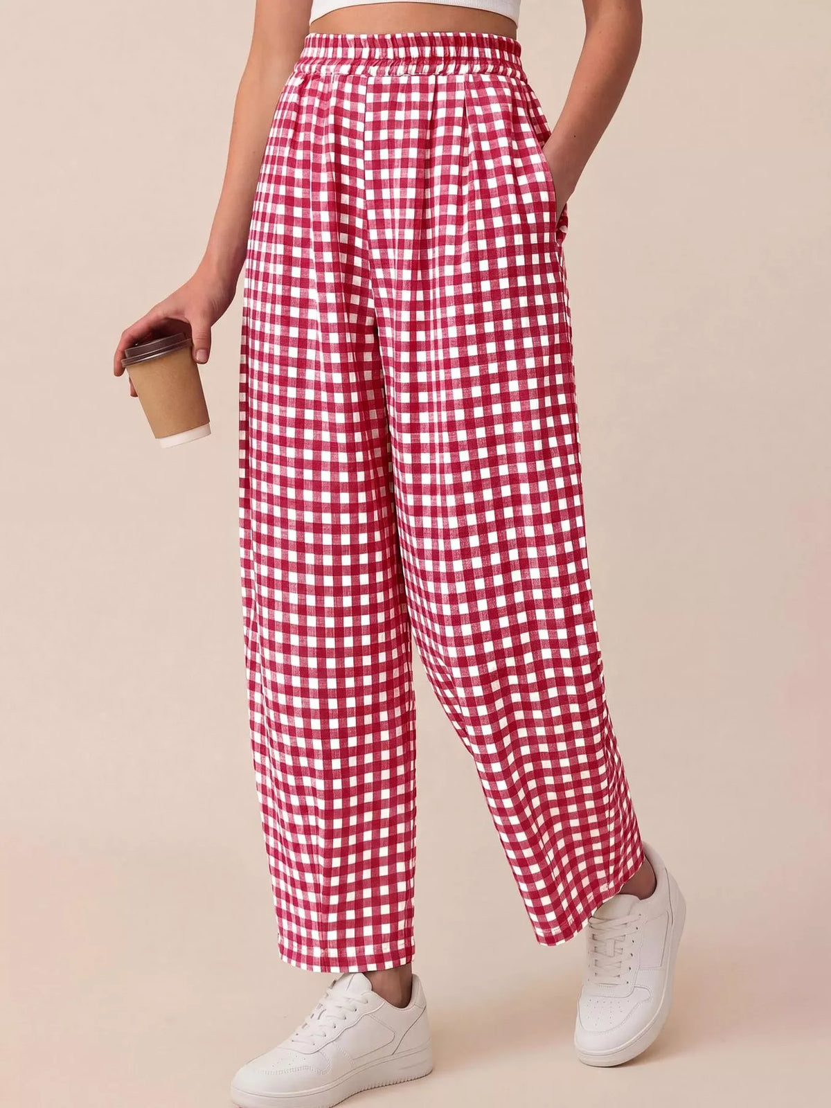Gingham Wide-Leg Casual Pants