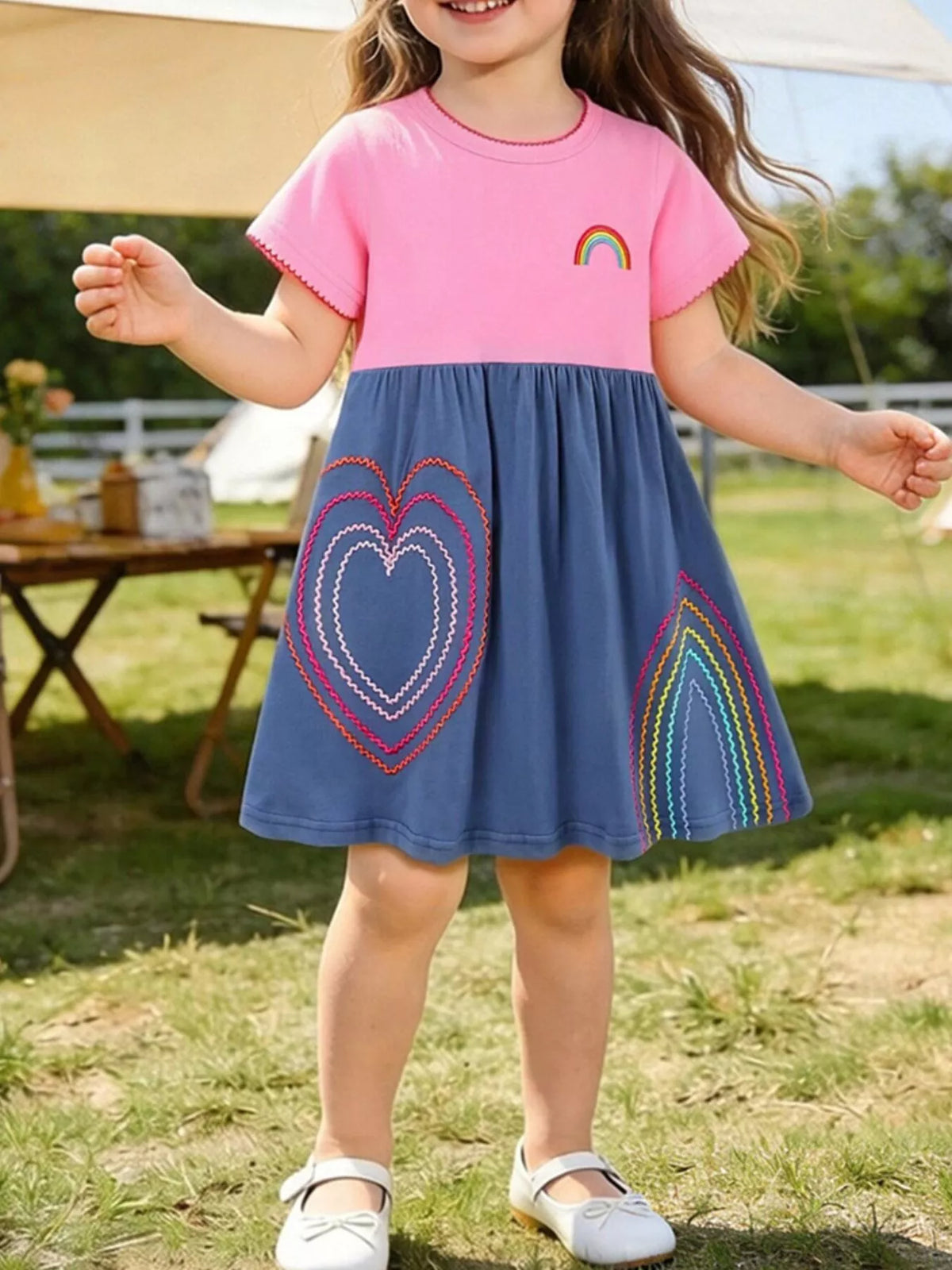 Girl's Rainbow Heart Embroidered Dress