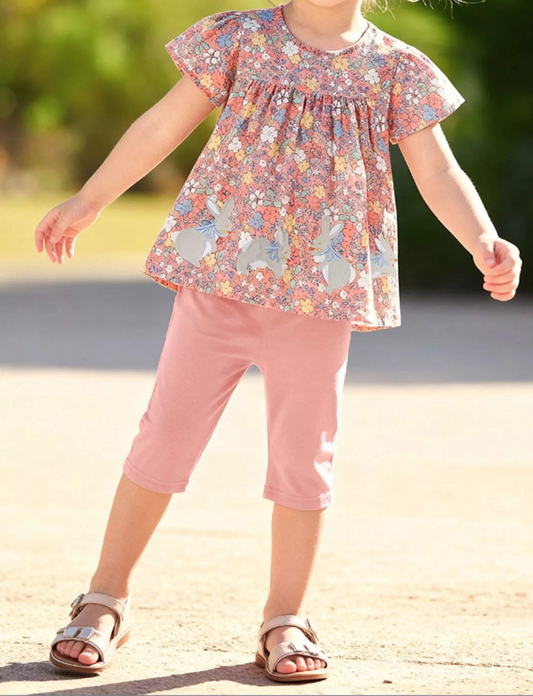 Girls Bunny Rabbit & Floral Print Top and Capri Leggings Set | 2-7 Years