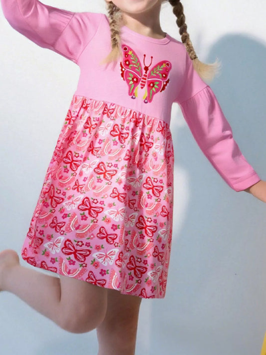 Girls Butterfly Dress Long Sleeve - Casual Kids Dress