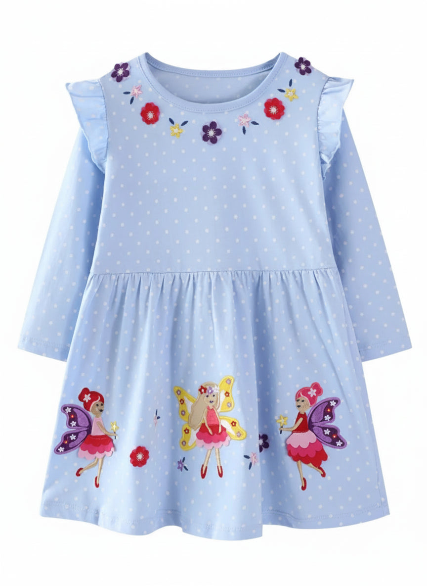 Girls Fairy Embroidered Dress - Long Sleeve Polka Dot Party Dress for Kids
