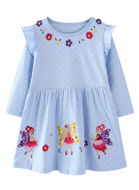 Girls Fairy Embroidered Dress - Long Sleeve Polka Dot Party Dress for Kids