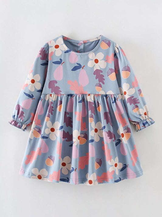 Girls Floral Long Sleeve Dress - Casual Cotton Kids Dress