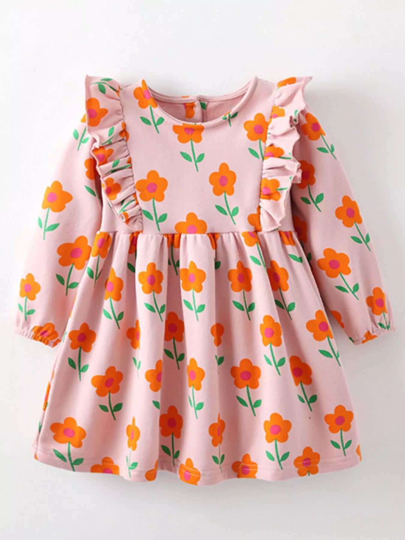 Girls Floral Long Sleeve Dress - Ruffle Trim Cotton Dress for Kids
