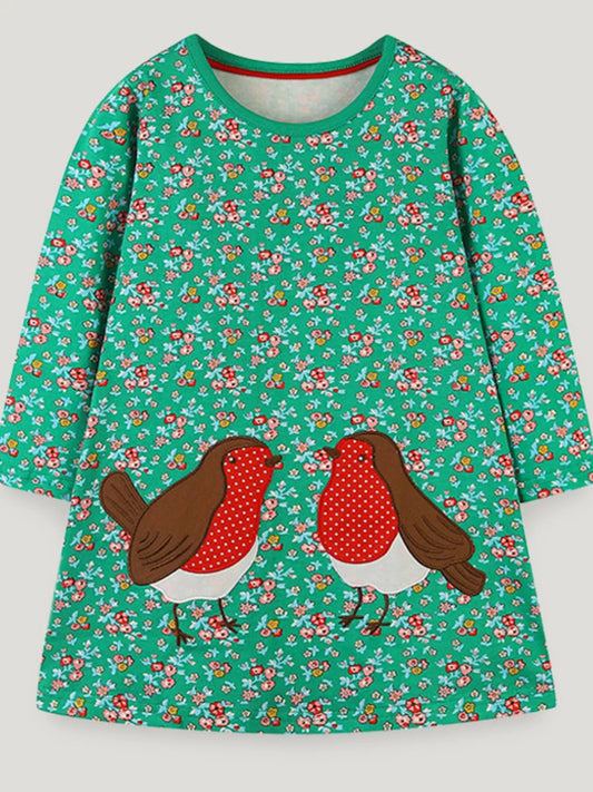 Girls Floral Print Bird Long Sleeve Dress - Kids Cotton Dress
