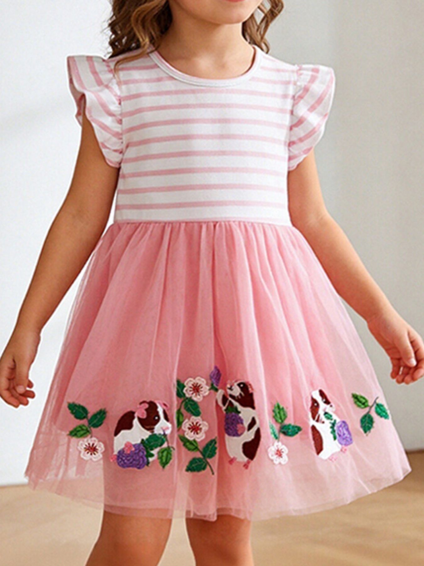 Girls Flower Guinea Pig Embroidered Dress | Blush Pink