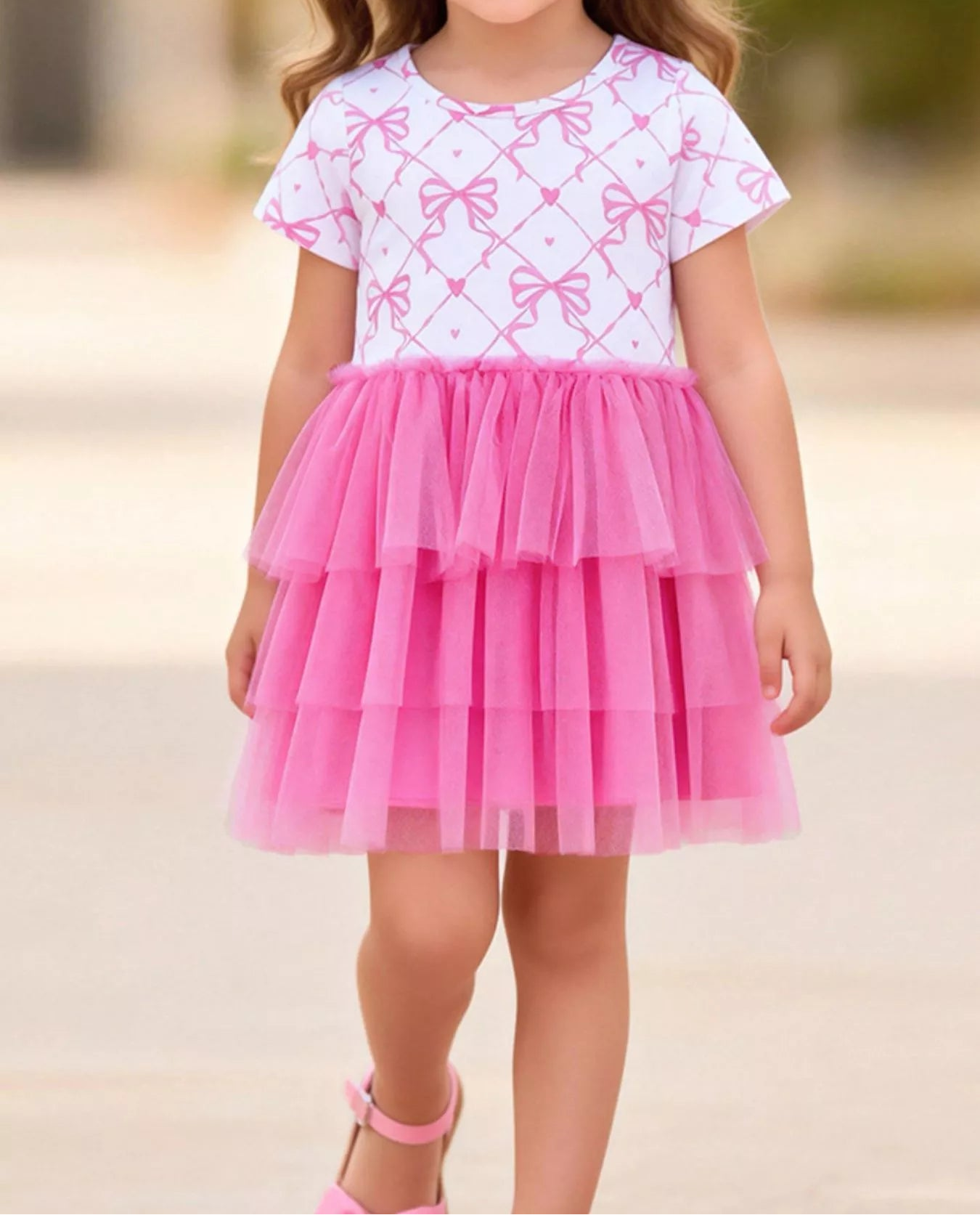 Girls' Fuchsia Pink Bowknot Heart Print Tulle Layered Dress – Kids 2–7Y