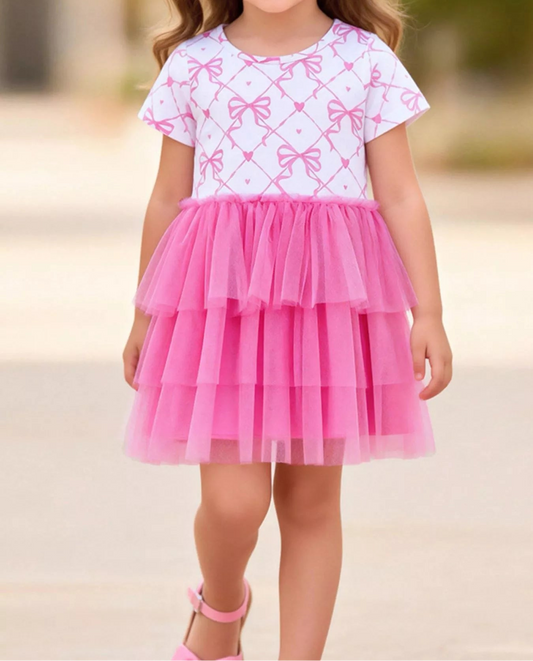 Girls' Fuchsia Pink Bowknot Heart Print Tulle Layered Dress – Kids 2–7Y