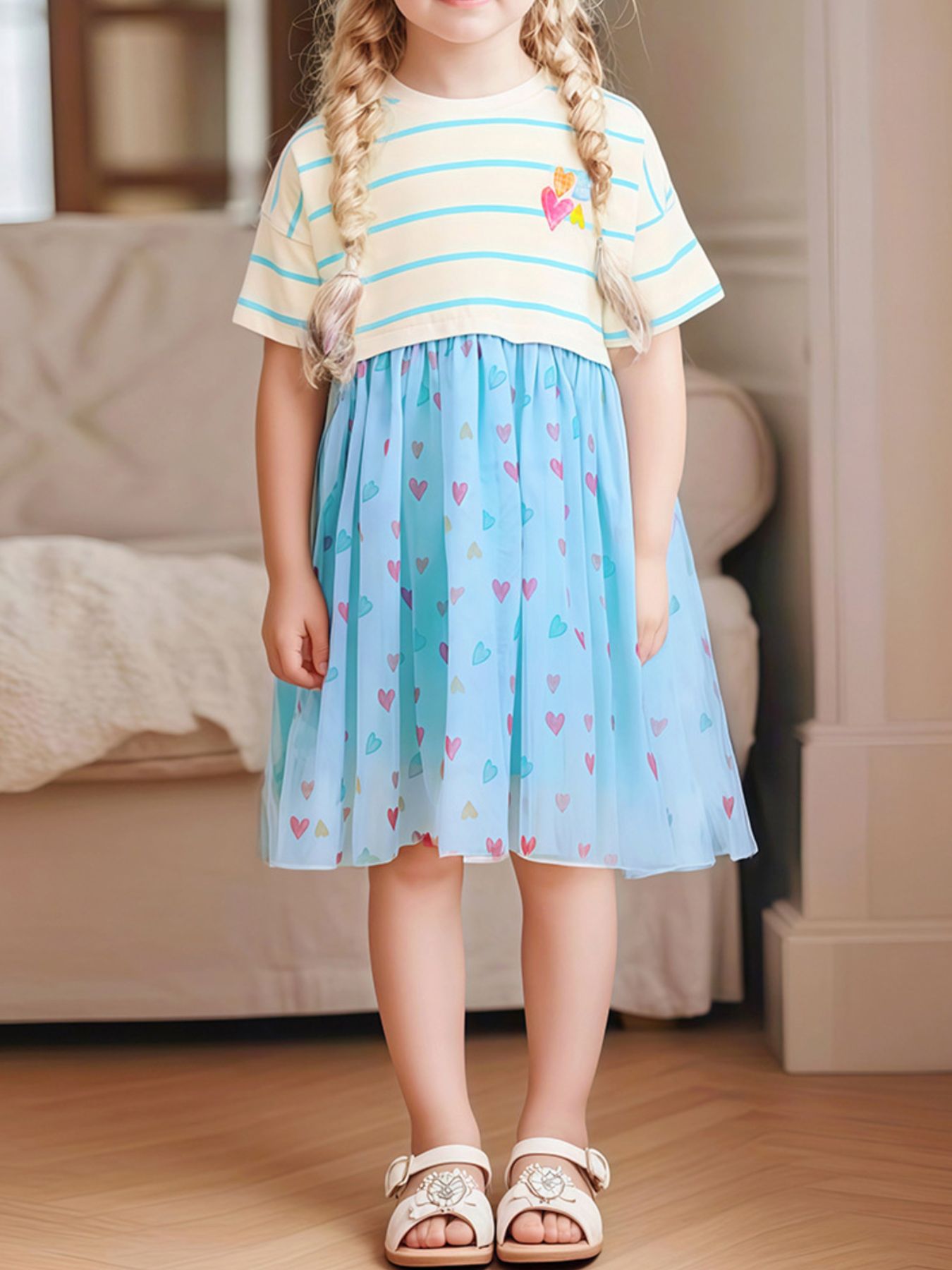 Girls Stripe & Heart Print Tulle Dress