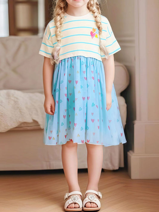 Girls Stripe & Heart Print Tulle Dress