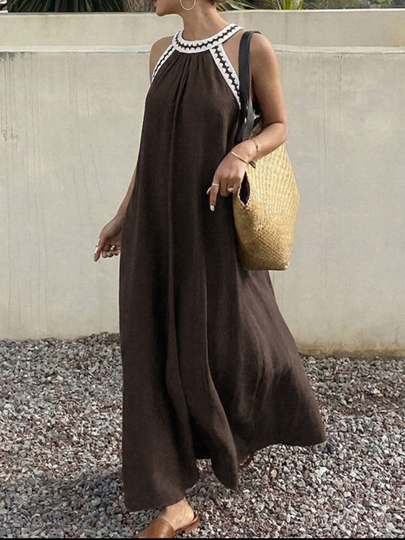 Grecian Neck Crochet Trim Maxi Dress Brown