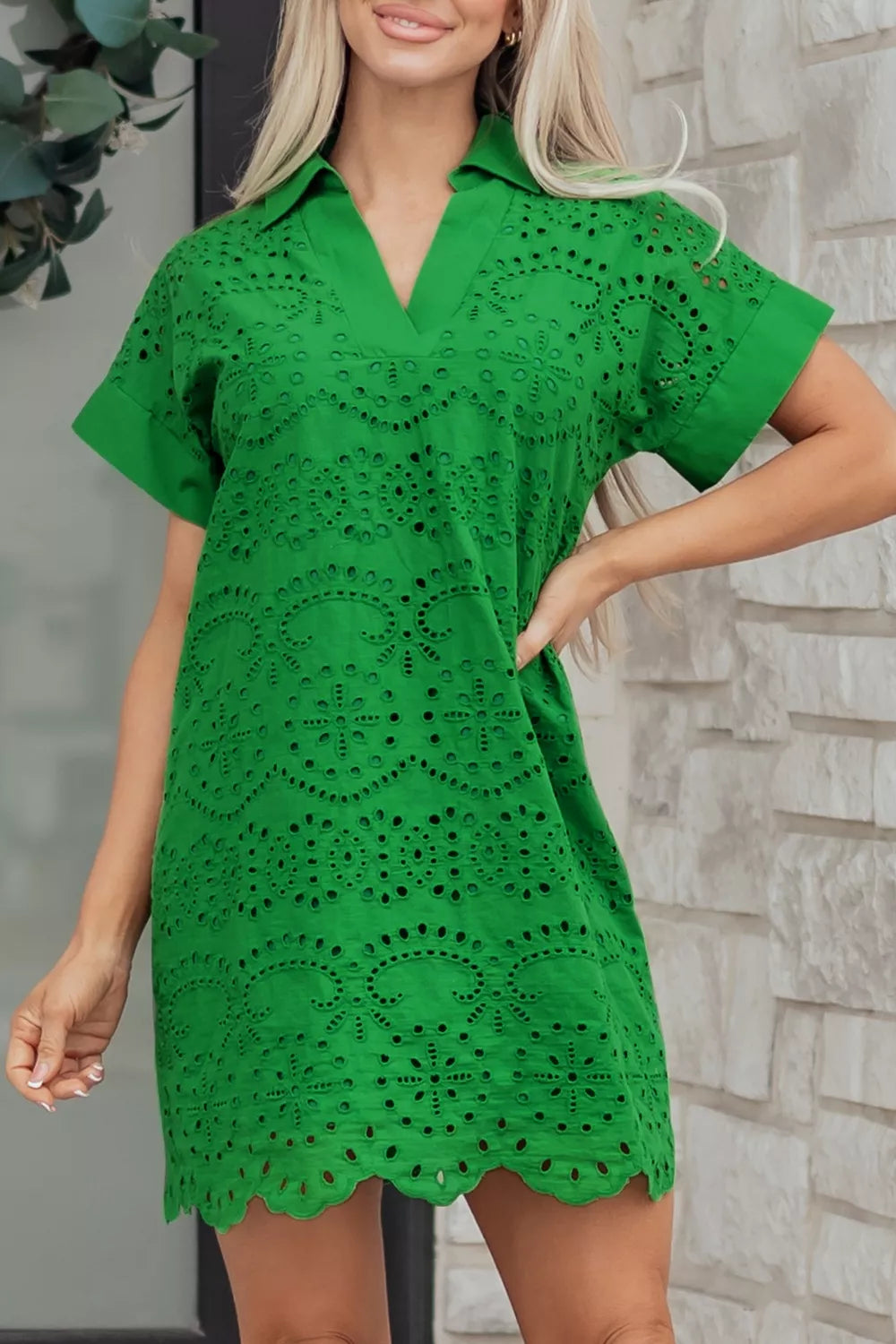 Green Eyelet Collared Short Sleeve Dress