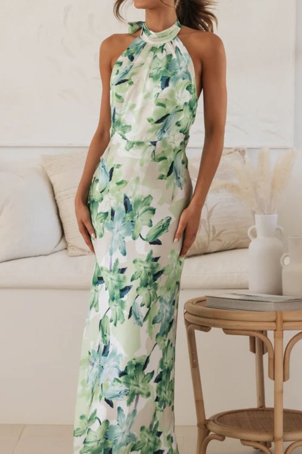 Green Floral Print Halter Neck Maxi Dress