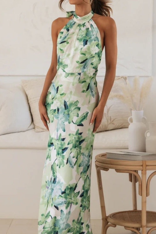 Green Floral Print Halter Neck Maxi Dress