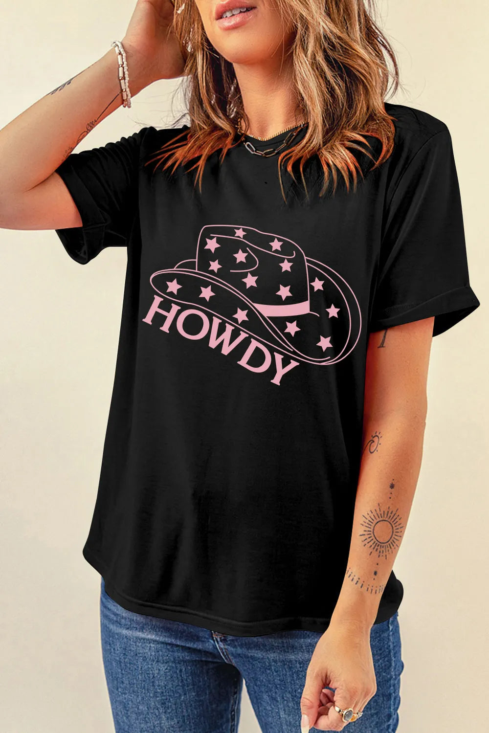 HOWDY Round Neck Short Sleeve T-Shirt Graphic Tee