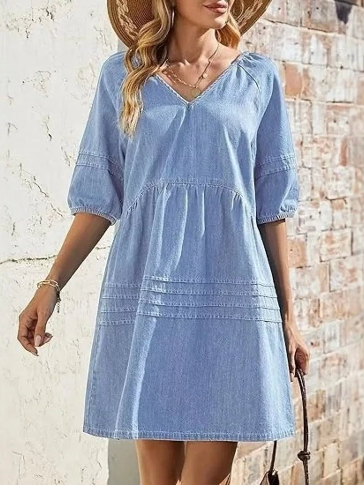 Half Puff Sleeve V-Neck Denim Mini Dress