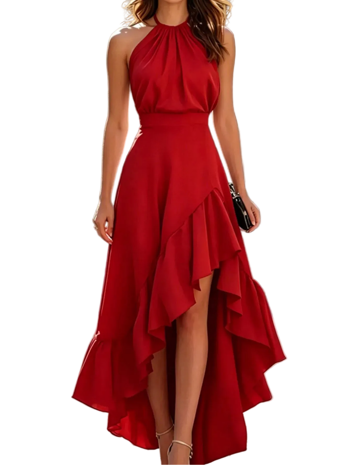 Halter Neck Ruffled High-Low Maxi Dress Red