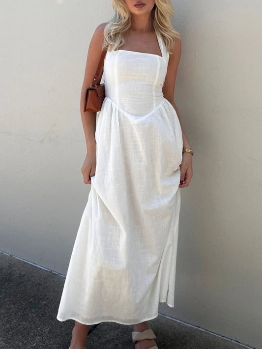 Halter Neck Runched Midi Dress white