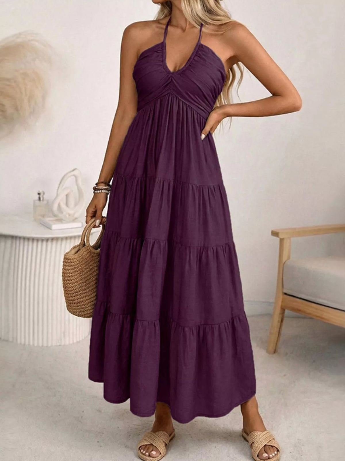 Halter Neck Tiered Midi Dress Plum Purple