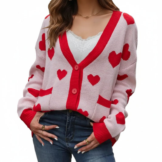 Heart Print Button Up Long Sleeve Cardigan Blush Pink 