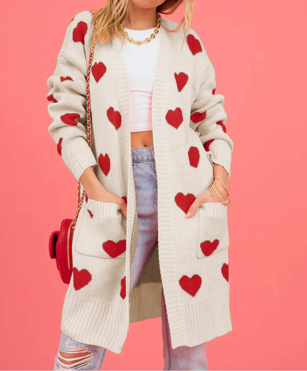 Heart Print Long Cardigan with Pockets Cream 