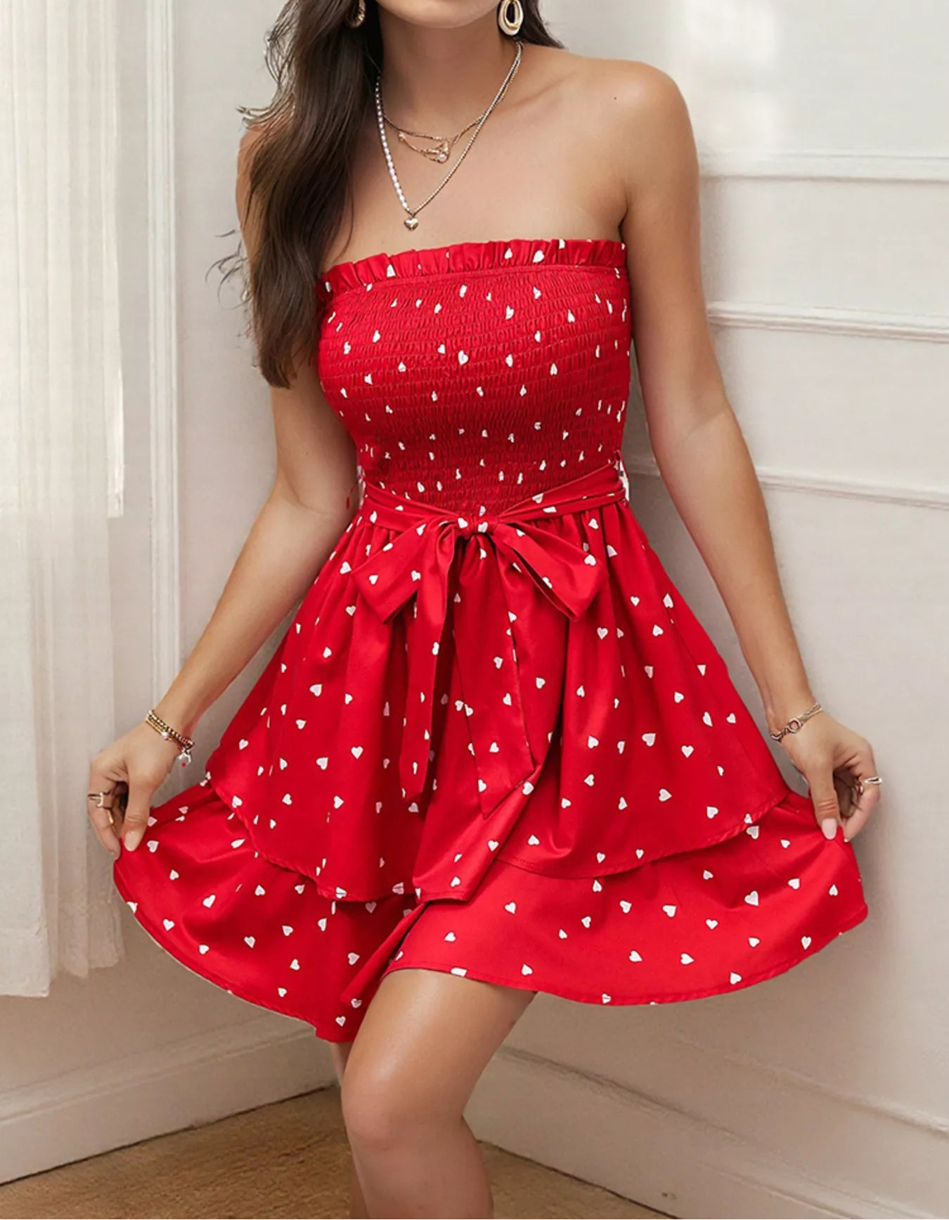 Heart Print Smocked Tube Mini Dress – Red