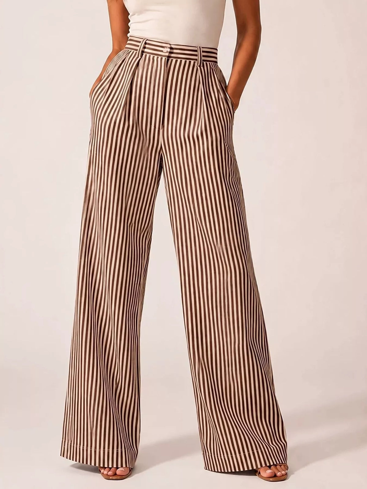 High-Waisted Wide-Leg Striped Pants Khaki