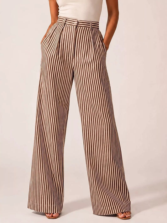 High-Waisted Wide-Leg Striped Pants Khaki