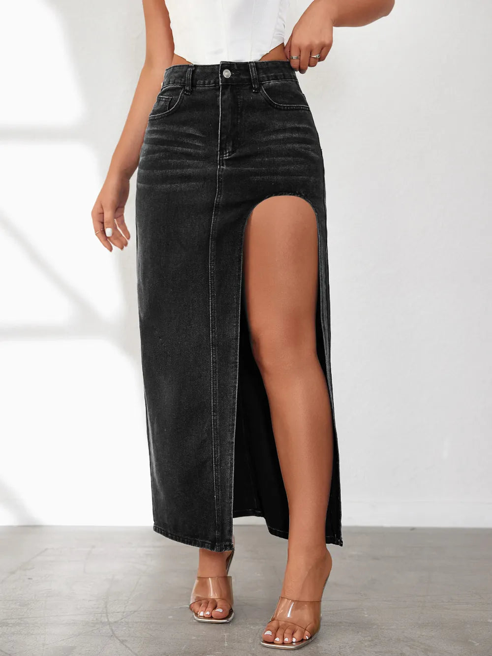 High Rise Slit Denim Maxi Skirt Black