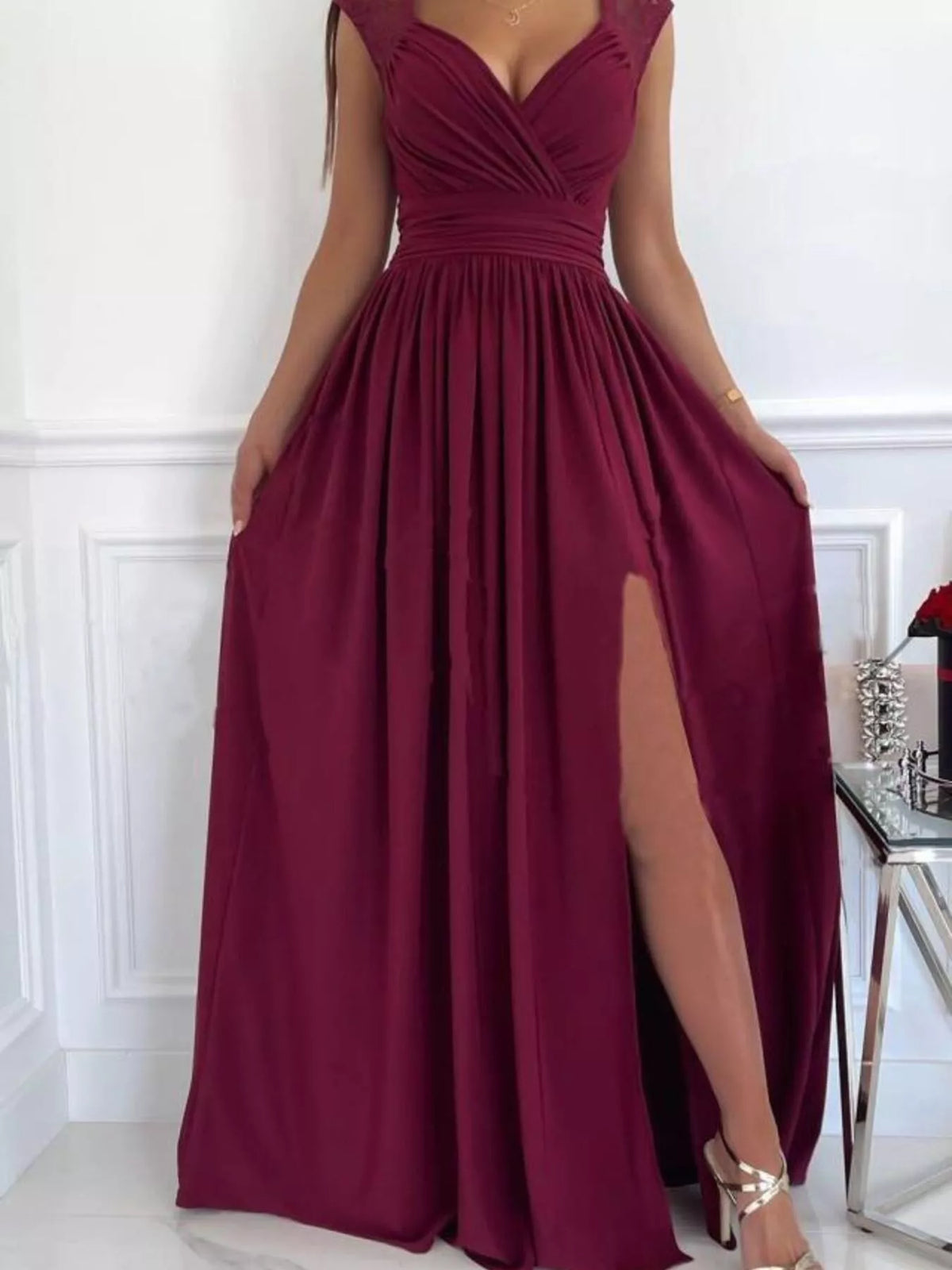 High Slit Lace Detail Maxi Dress Burgundy
