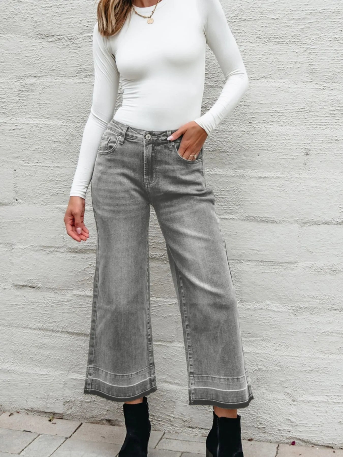 High Waist Wide Leg Washed Jeans grey