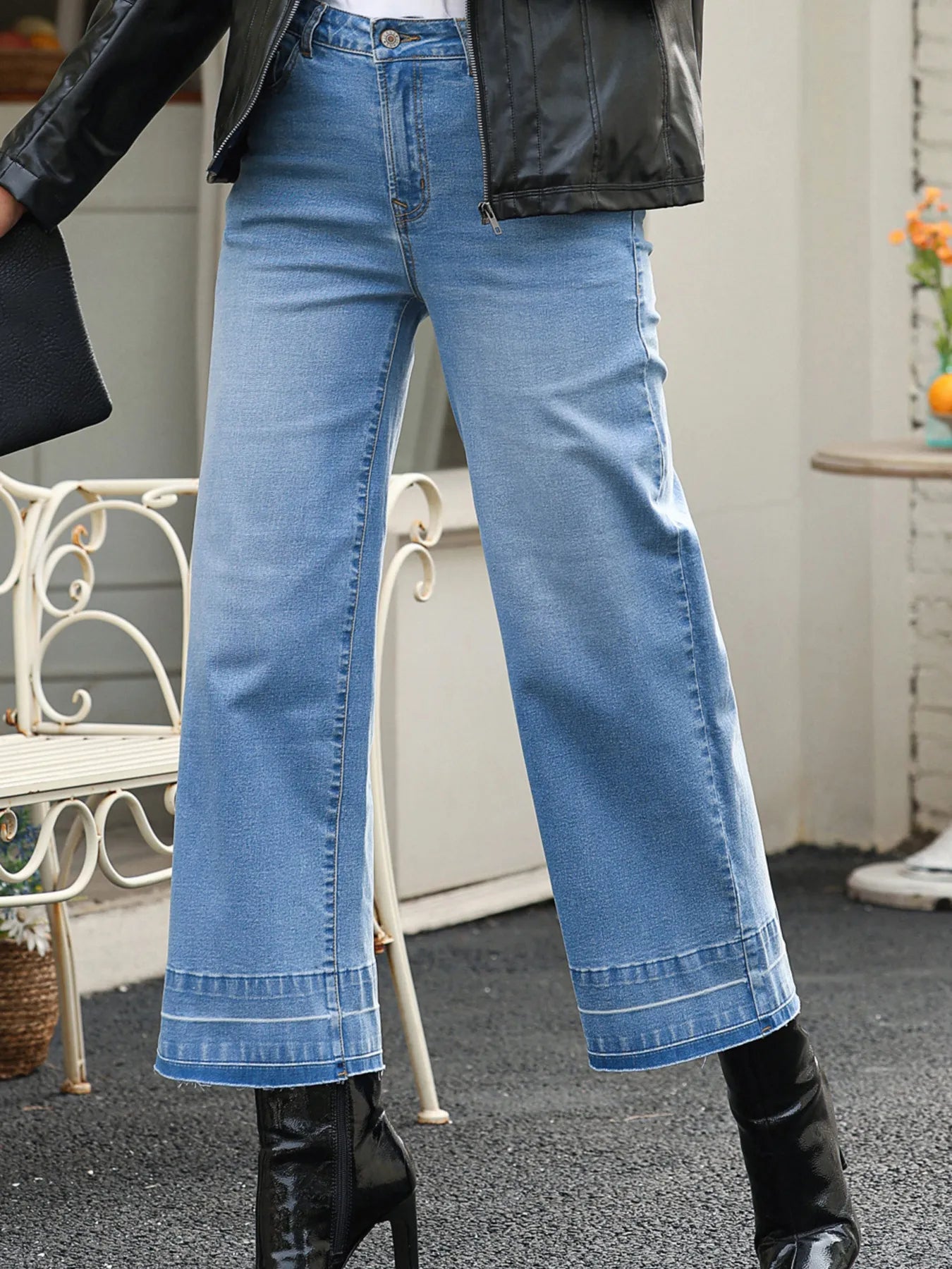 High Waist Wide Leg Washed Jeans light blue
