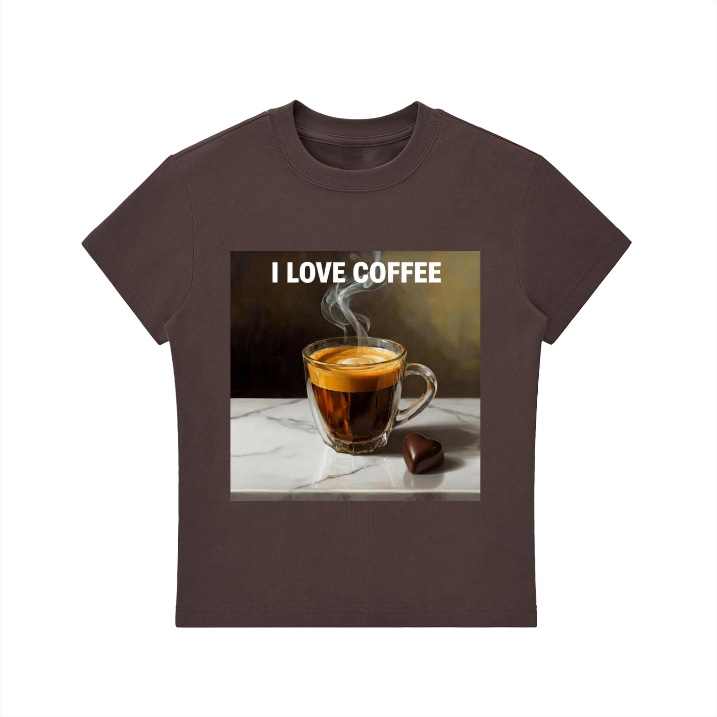 'I LOVE COFFEE' Essential Bodycon Crewneck T-Shirt Brown