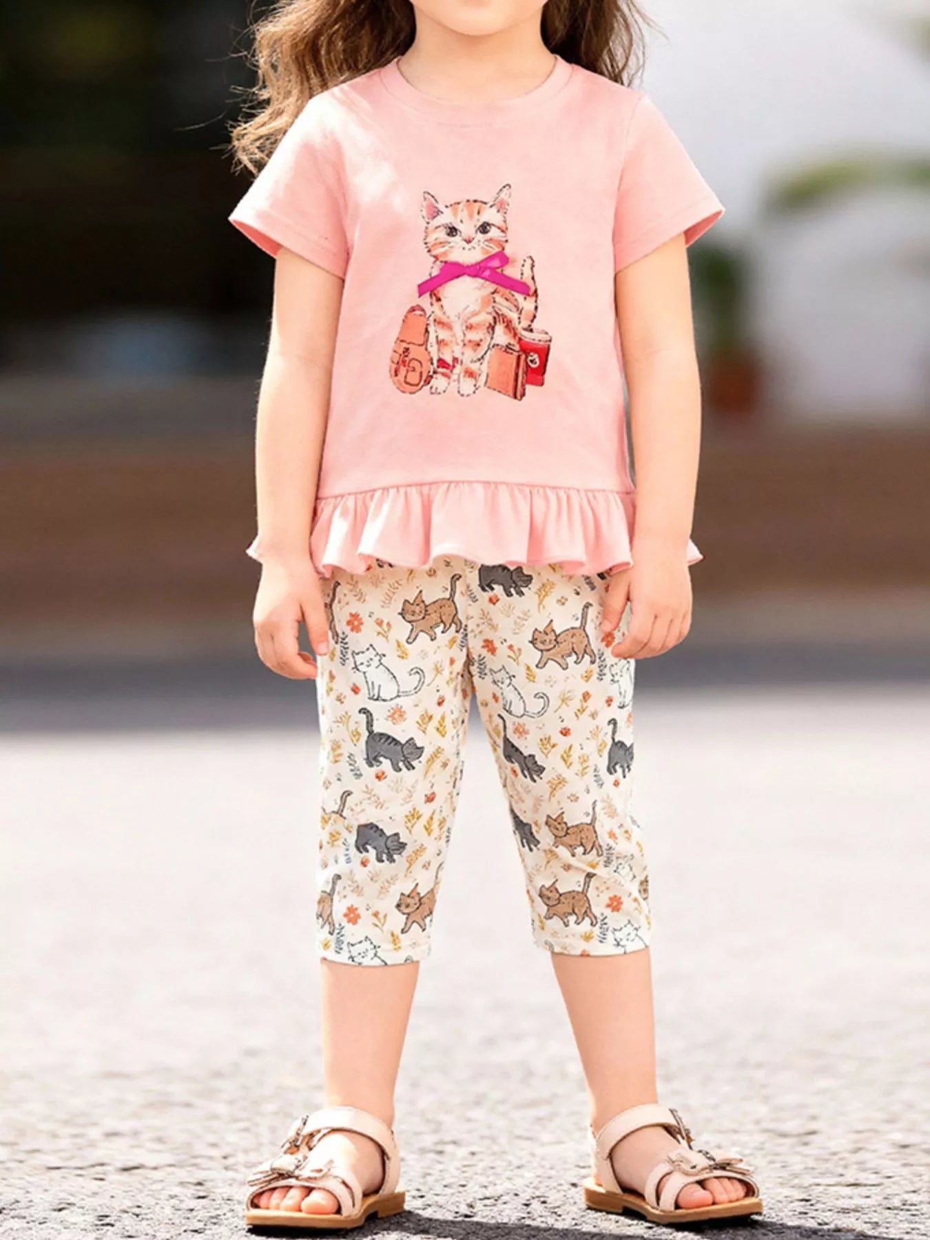 Kitty Cat & Floral Print Tee and Shorts Set