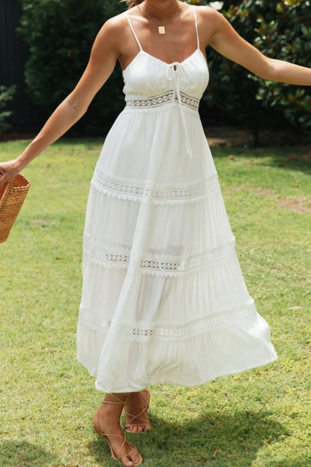 Lace Detail Smocked Midi Cami Dress - Women's Summer Dress