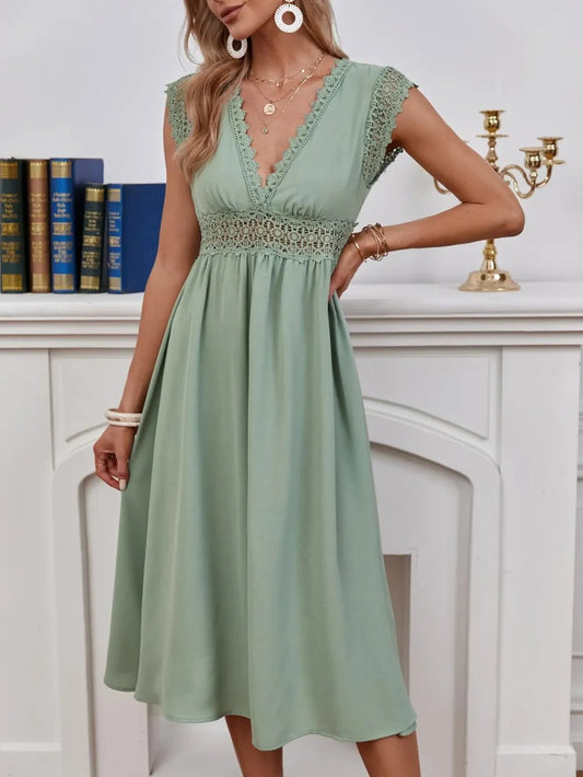 Lace Detail V-Neck Midi Dress