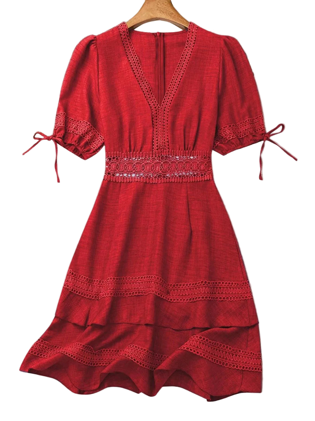 Lace Detail V-Neck Mini Dress Red