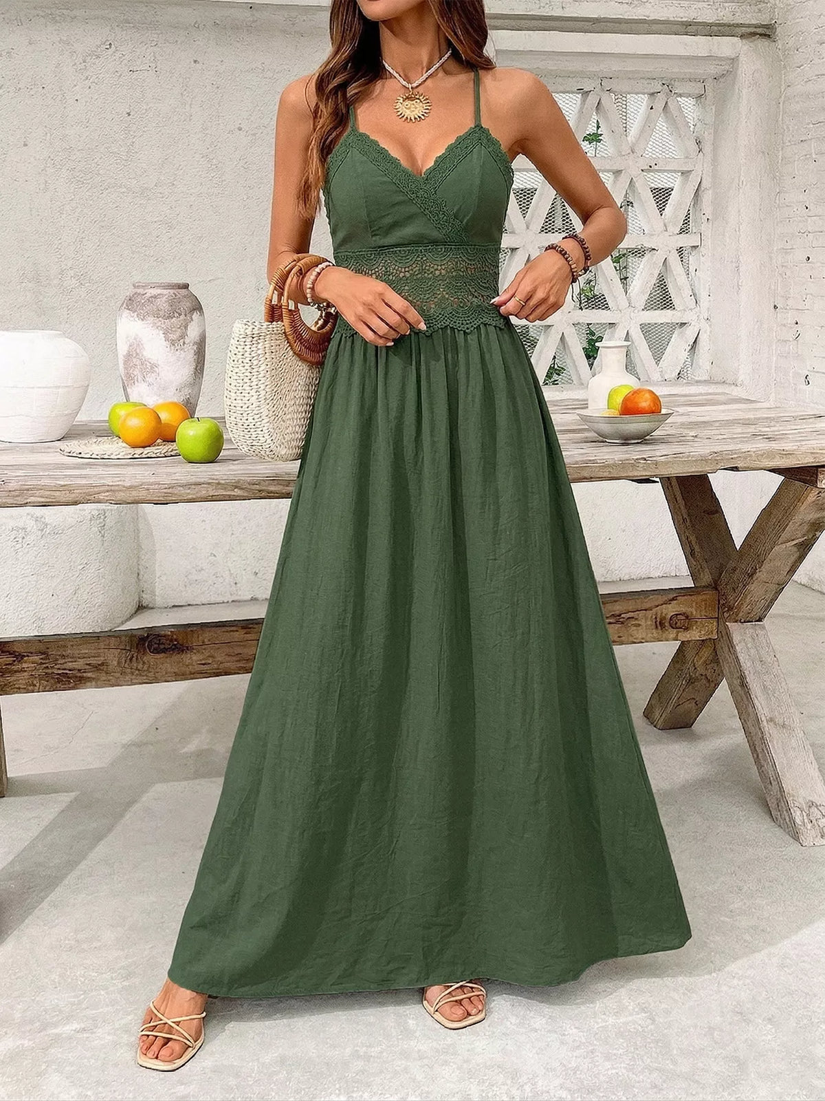 Lace Trim Criss-Cross Back Maxi Dress in Dark Sage