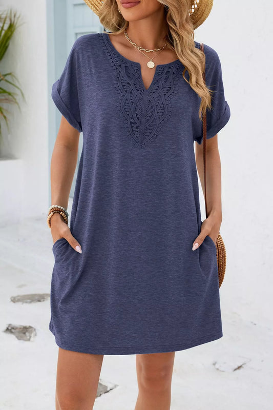 Lace Trim Notched Short Sleeve Dress Dusty Blue