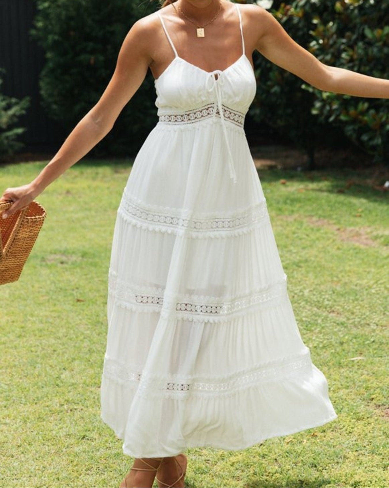 Lace Trimmed Tiered Midi Cami Dress