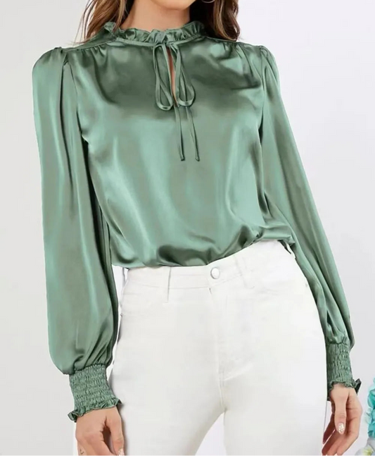Lantern Sleeve Frill Tie-Neck Blouse Gum Leaf