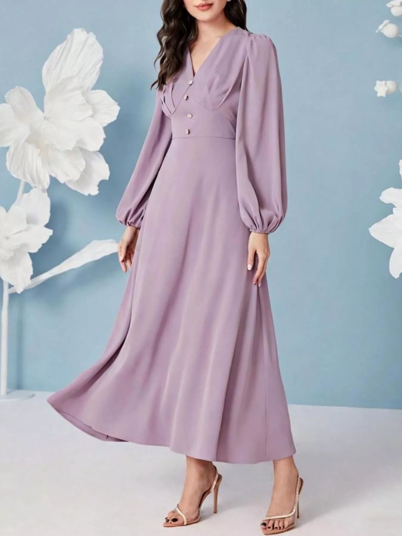 Lantern Sleeve V-Neck Maxi Dress