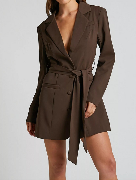 Lapel Collar Tie Waist Blazer Coffee