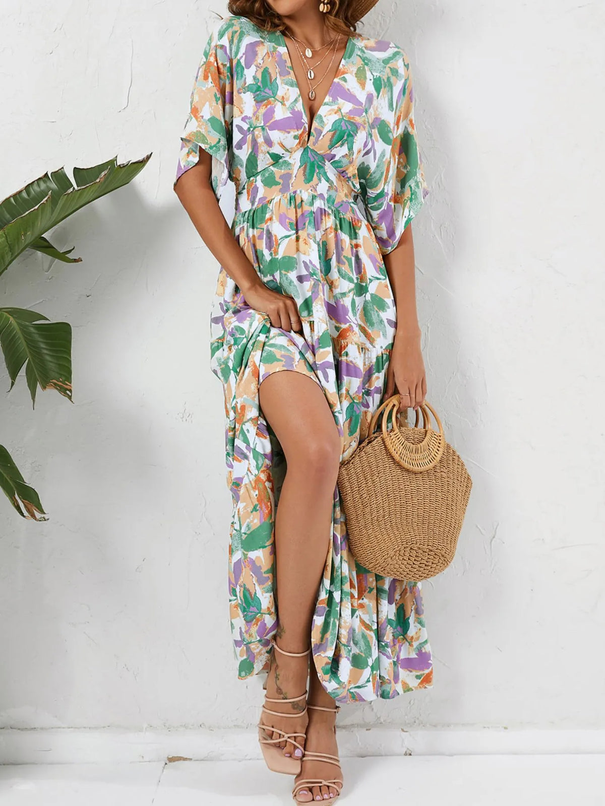 Leaf Print V-neck Midi Dress