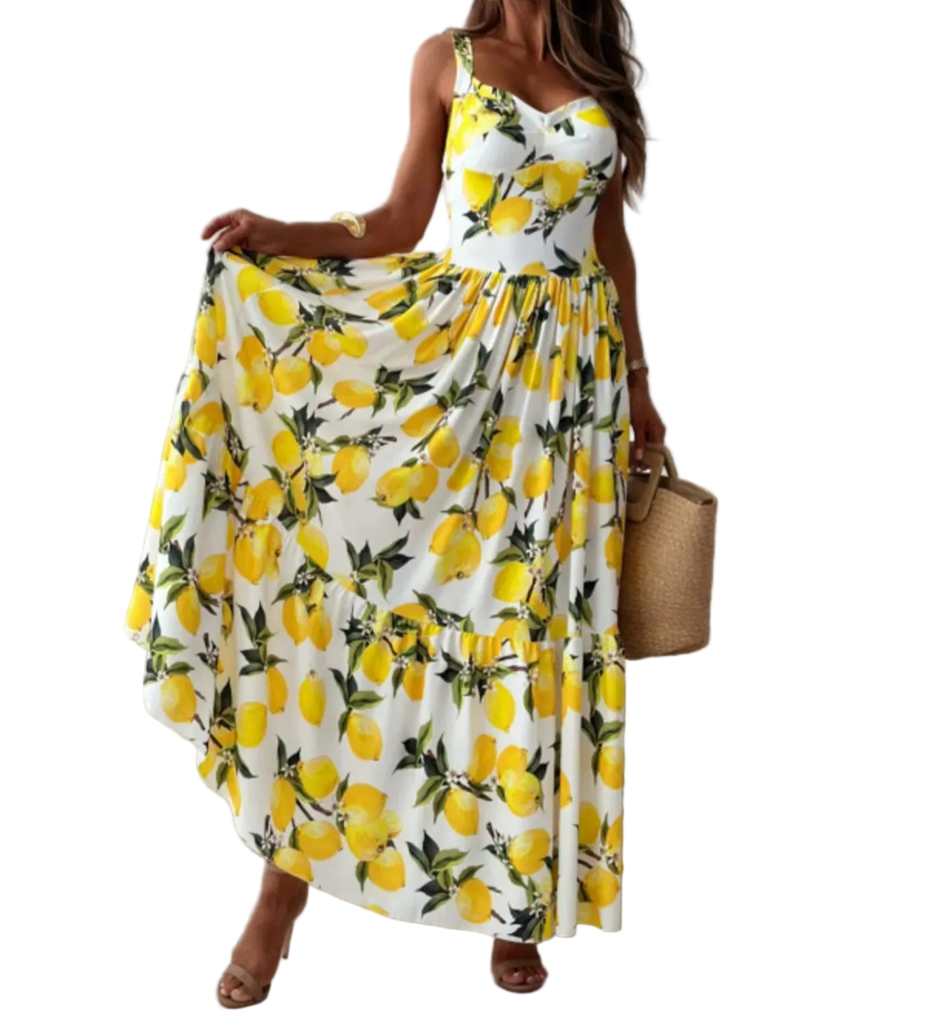 Lemon Print Sleeveless Maxi Dress